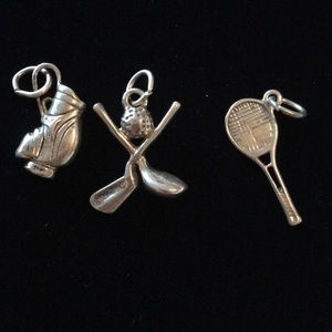 3 Vintage Sports solid Sterling silver charms golf tennis 925 bundle lot